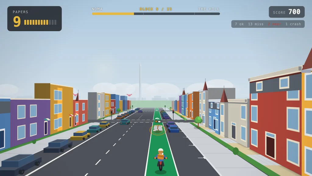 DC Courier gameplay: the rider heads up a green bike lane down the middle of a four-lane street, rowhouses on both sides and the Washington Monument ahead. The heads-up display shows papers left, block 9 of 25 between NoMa and the Hill, and the score.