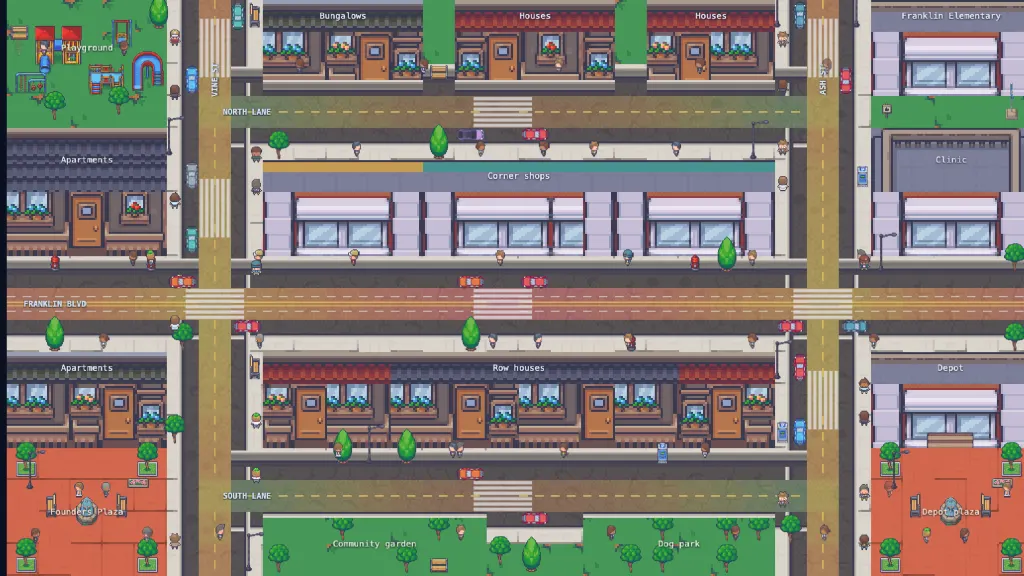 The first district of Vision Zero Defense in plan view: Franklin Boulevard running east&ndash;west through a pixel-art neighbourhood of row houses, corner shops, a school, a playground and a dog park, with traffic and people on the streets.